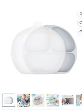 Bumkins Gray Silicone Divided Baby Grip Plate with Flexible Lid